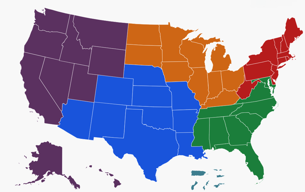 Map of the United States colored by regions.